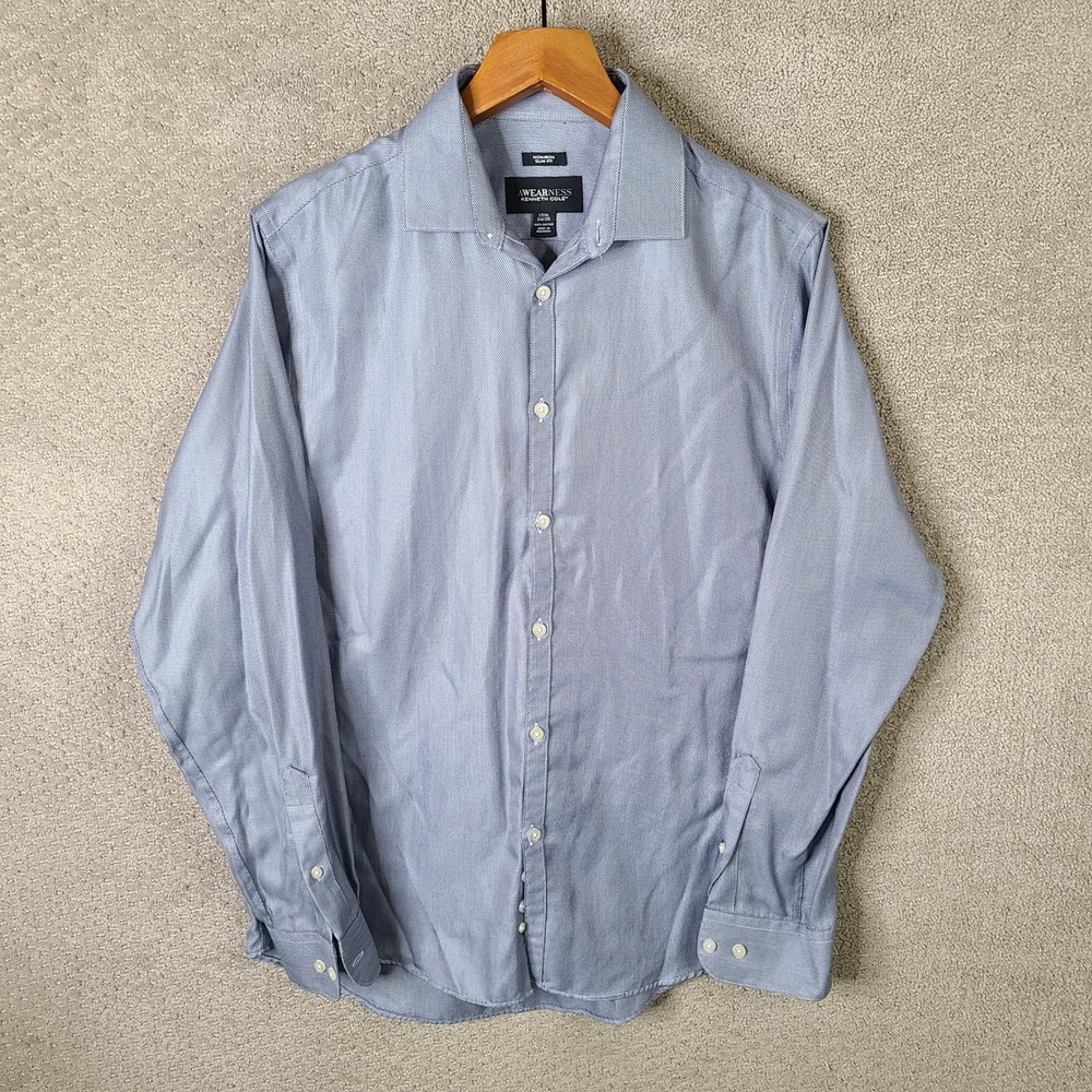 Awearness Kenneth Cole Shirt Mens 15.5 34/35 Blue Non-Iron Slim Fit Button Up